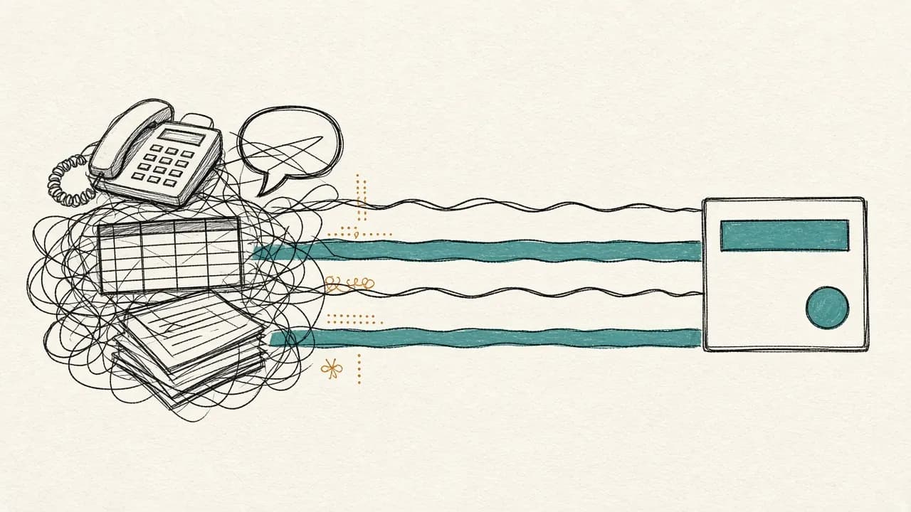 Diagram: a tangle of phone, chat, spreadsheet, and card-stack lines straightens into four parallel lanes that end in a single customer record.