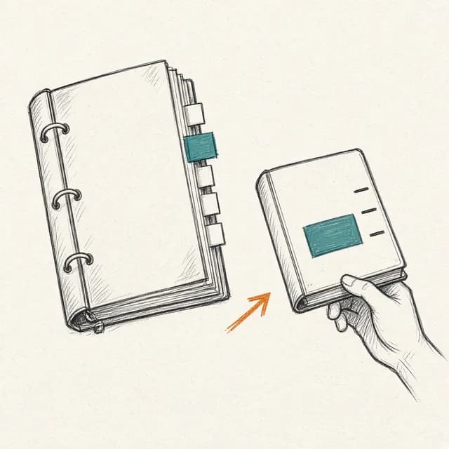 Sketch of an open guide binder with tabs, and a second copy being handed forward.