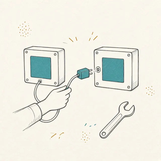 Sketch of a plug being connected between two system boxes, with a wrench nearby.